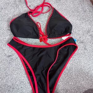 Cupshe Black Bikini with Red Trim - Two-Piece Swim Set